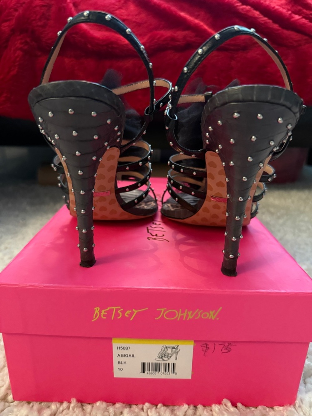 Betsey Johnson Abigail Black Tulle Leopard Insole Studded Strappy Sandals - Picture 3 of 8